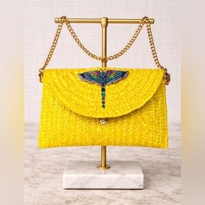 Vibrant Yellow Woven Clutch with Dragonfly Accent